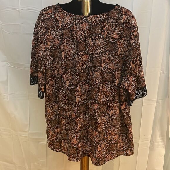 Size 26/28 Venezia Jeans short ruffle sleeve v-neck floral print brown tunic top - Picture 9 of 16